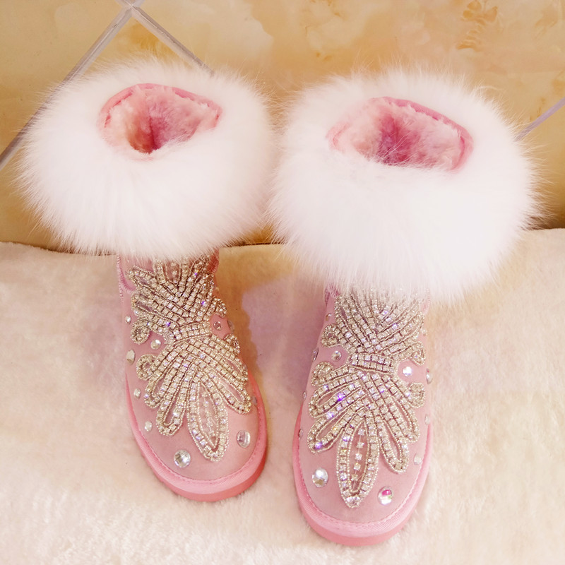 

2020 Snowboots Australian Cropped Hand-sewn Diamond Snow Fox Skin Tube Cotton Shoes Women's Boots Tdzy