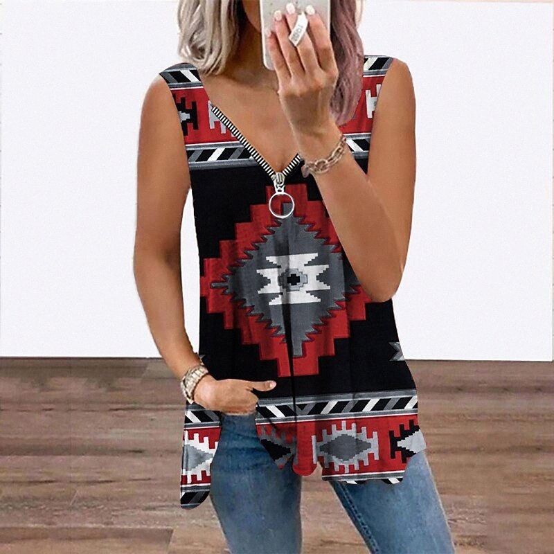 Women's Geometric Tank Top Vest Geometric Abstract Flowing tunic Quarter Zip Print V Neck Ethnic Casual Tops Blue Black Purple / 3D Print f9yn#