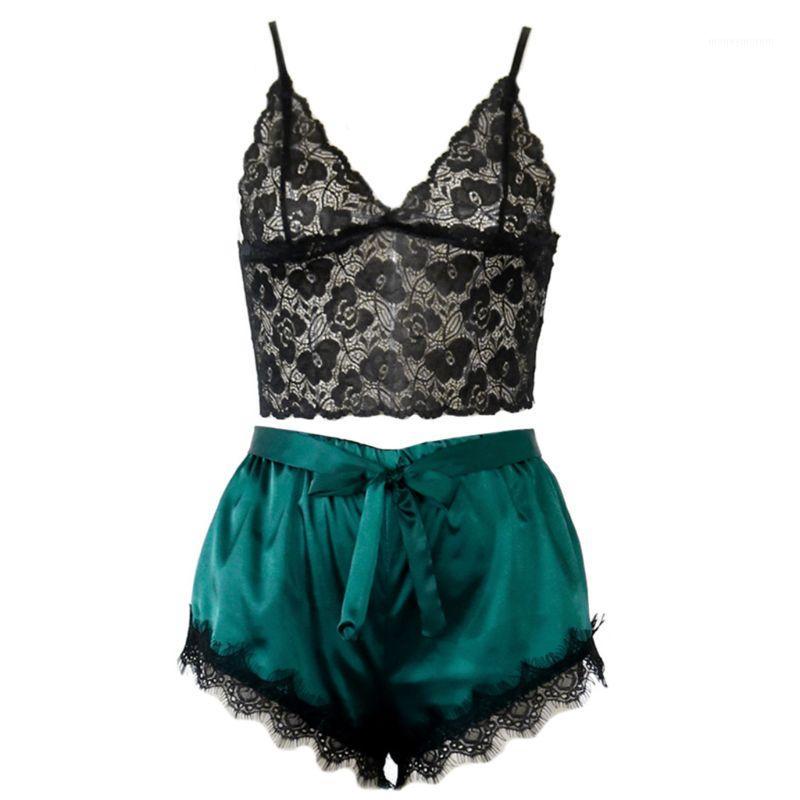 

Women Sexy Lingerie Pajamas Set Sheer Floral Lace Crop Top Satin Bowknot Shorts H37C1, As pic