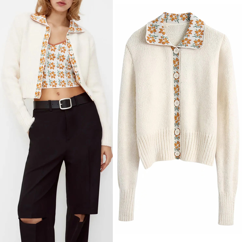 

2021 New Contrasting Vintage Jacquard Cropped Knitted Sweater Women Autumn Long Sleeve Lapel Collar Short Cardigan Top Etnc, Beige