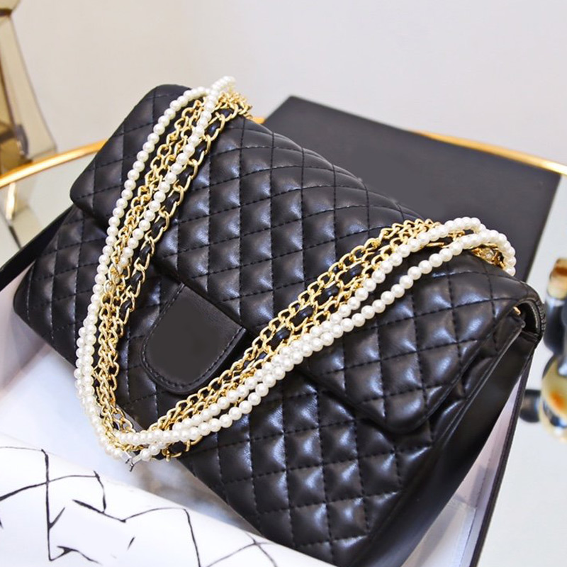 

2021 sheep print classic high quality rhomboid chain shoulder bag with diagonal span gold and silver chain with caviar bag, Black