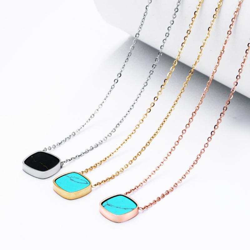 

3PCS/LOTS Square Pendant 316L Stainless steel Blue/Black Stone in White/Rose Gold/Gold plate Chain Pendant necklaces jewelry