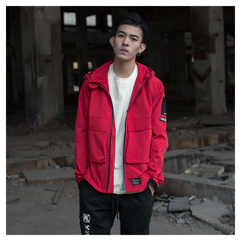 

2021 New Street Trend Military Stormsuit Men's Spring and Autumn Thin Fashion Brand Hooded Work Clothes Red Windbreaker Jacket 2q0g, Black