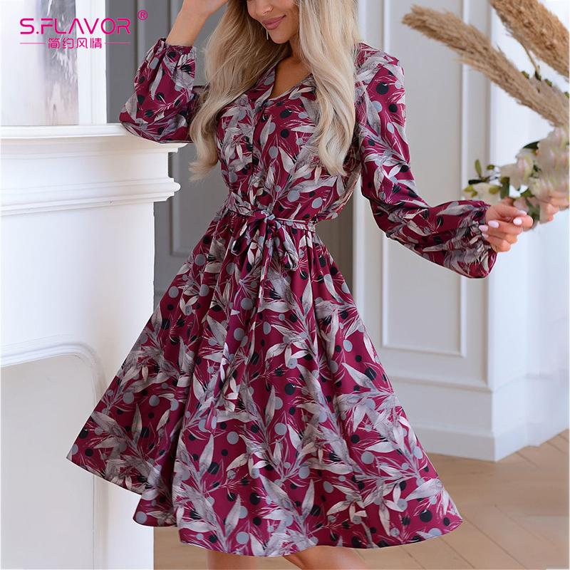 

FLAVOR Women Fashion Long Sleeve Party Dresses Sexy V-neck 2020 Red Floral Print A Line Dress Autumn Winter Elegant Dresses