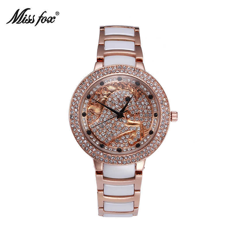 

Miss Fox high grade women's fashion ceramic watch waterproof diamond inlaid steel band full English Watch women's style, Black rose gold
