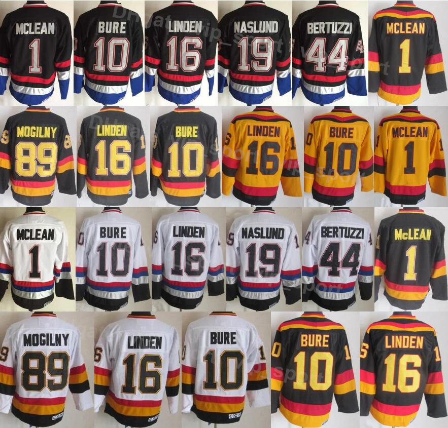 

Men Ice Hockey Vintage Retro 19 Markus Naslund Jersey 10 Pavel Bure 1 Kirk Mclean 89 Alexander Mogilny 44 Todd Bertuzzi Home White Black Yellow Away All Stitched FaYi, 10 black
