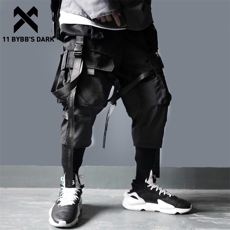 

11 BYBB' DARK Ribbons Multi Pockets Cargo Pants Men Harajuku Casual Track Trouser Hip Hop Streetwear Techwear Pants Joggers Men 201110, Black