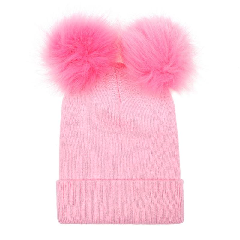 

Women Solid Faux Fur Beanies Hat Soft Warm Autumn Winter Double Ball Pompom Girl Knitting, Black