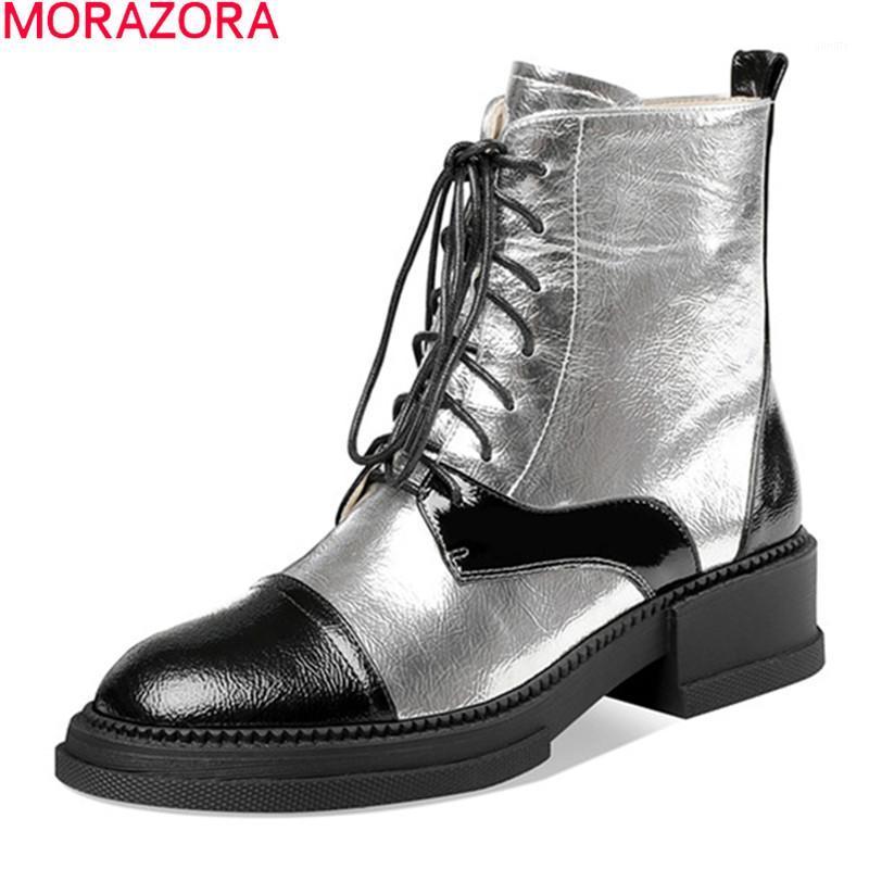 

MORAZORA 2020 New arrival genuine leather boots square heels round toe mixed colors ladies shoes autumn winter ankle boots women1, Silver
