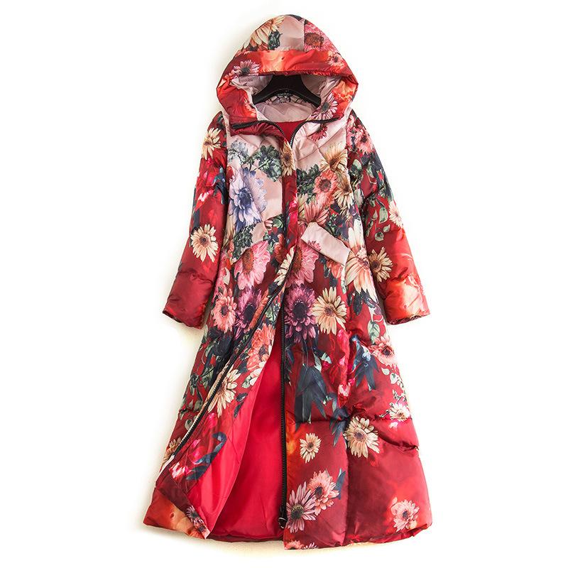 

Floral Printed Down Jacket Long Padded Coat Womens Winter Parkas Hoodies Thick Warm Windbreaker Chinese Style Fashion Outerwear, Green