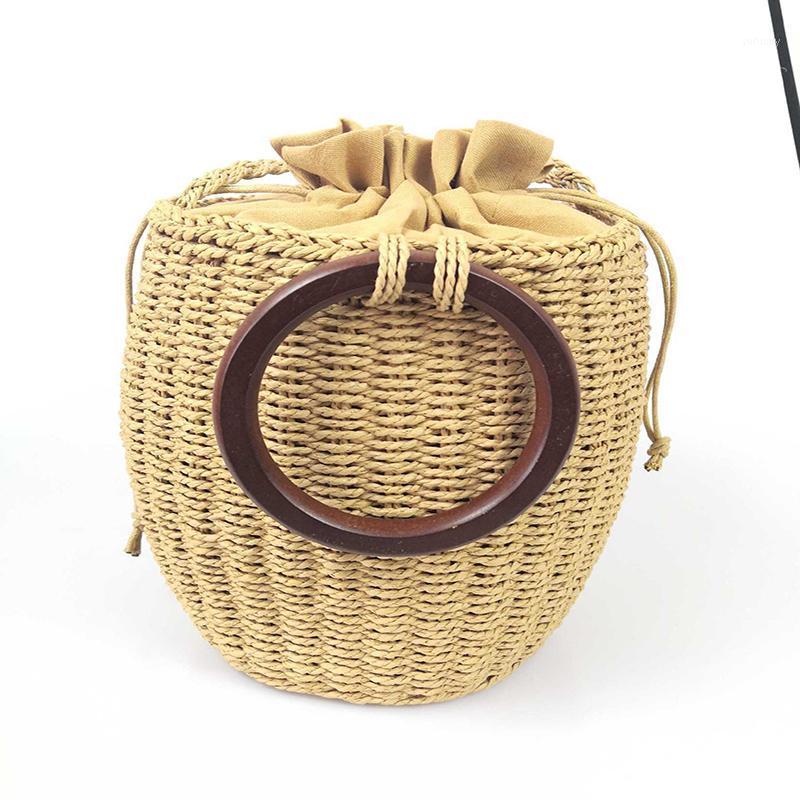 

Multi-styles Straw Bags Handmade 2020 Summer Woven New woven bucket bag antique wooden handle handbag beach holiday bag1, Beige