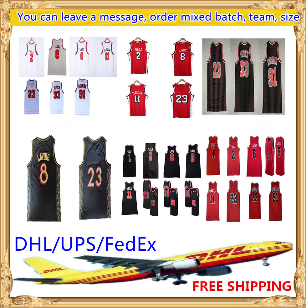 

DHL UPS FedEx Free 2 Lonzo Ball Zach 8 LaVine Basketball Jersey 6 Alex Caruso Derrick 1 Rose 11 Demar DeRozan 9 Vucevic Mens 23 Dennis 91 Ro, Black;red