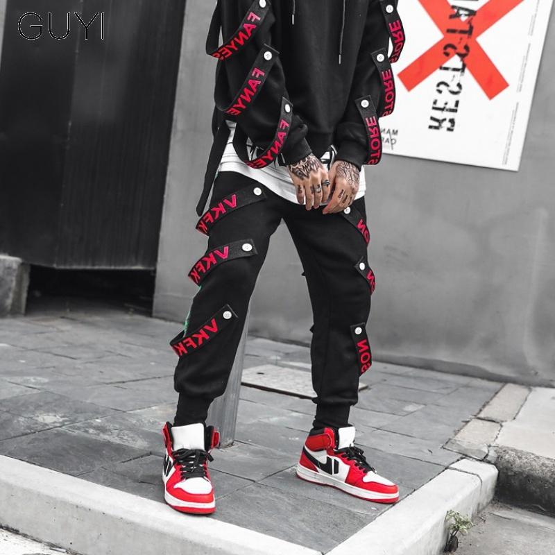 

Letter Ribbons Hip Hop Pants for Men Joggers Casual Streetwear Vintage Harem Pants Male Trousers Cargo Sport Men's Black, Black pants