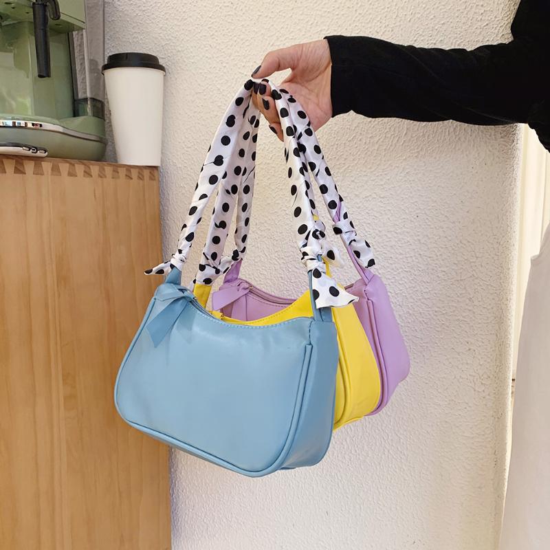 

2021 Fashion Women Silk Scarf Small Shoulder Bags Soft PU Leather Underarm Bags Female Solid Color Handbags Bolsa Feminina, Blue