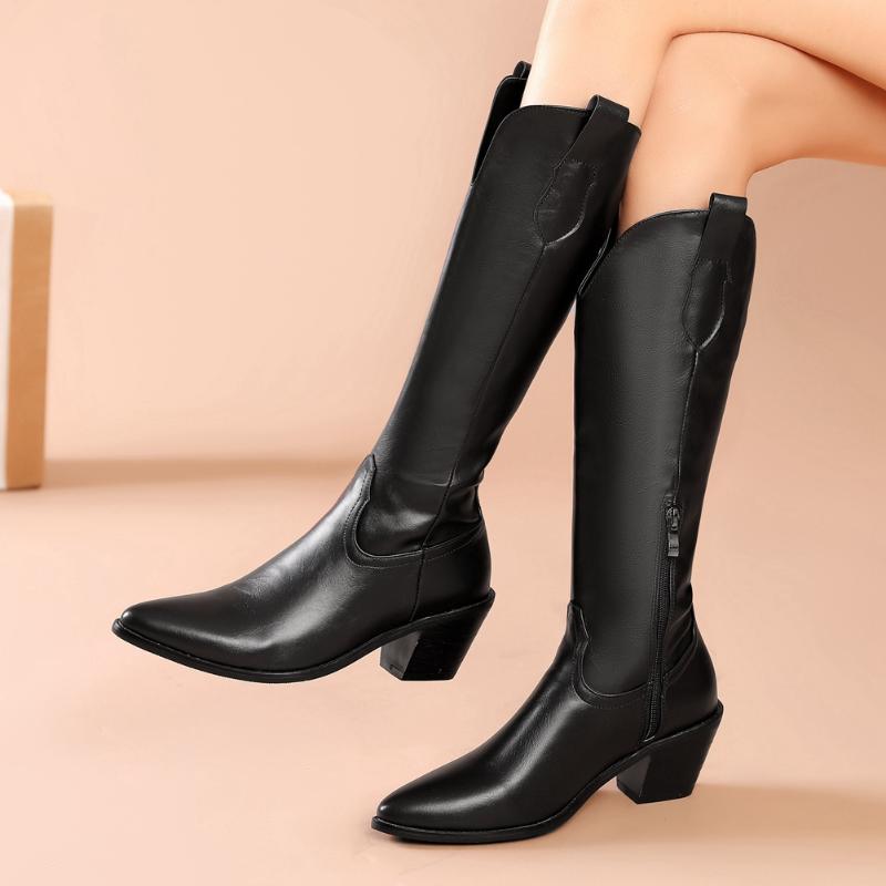 

Hot Sale Large Sizes 46 Vintage Design Chunky Heels Winter Shoes Women Western Boots Female Footwear, Black