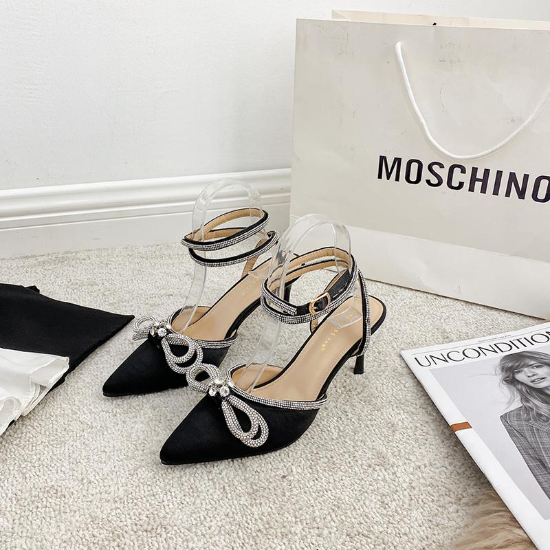 

2021 Hot Sales Women Pointed Toe Elegant Sandals for Woman Black/Pink/White Satin Thin High Heels Dress Shoes Woman Rhinestone