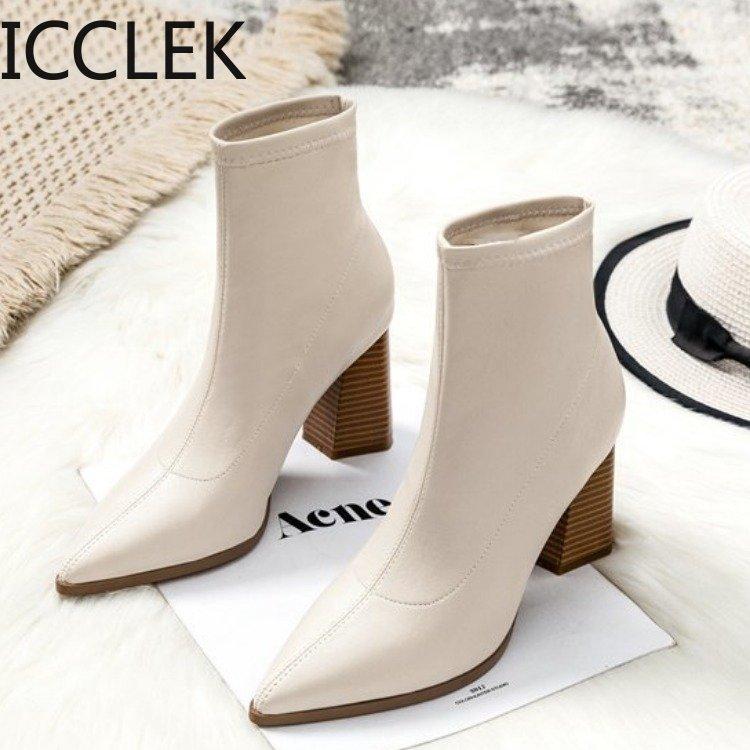 

ICCLEK 2020 New Women's Boots Fashion Ankle Boots Pointed Toe Square Heel Pu Women's Black Beige Zapatos De Mujer A058
