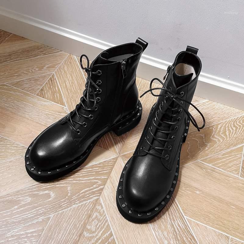 

ankle boots women's shoes cow leather handmade elegant rivet cool pearl motorcycle boots plus size 401, Black