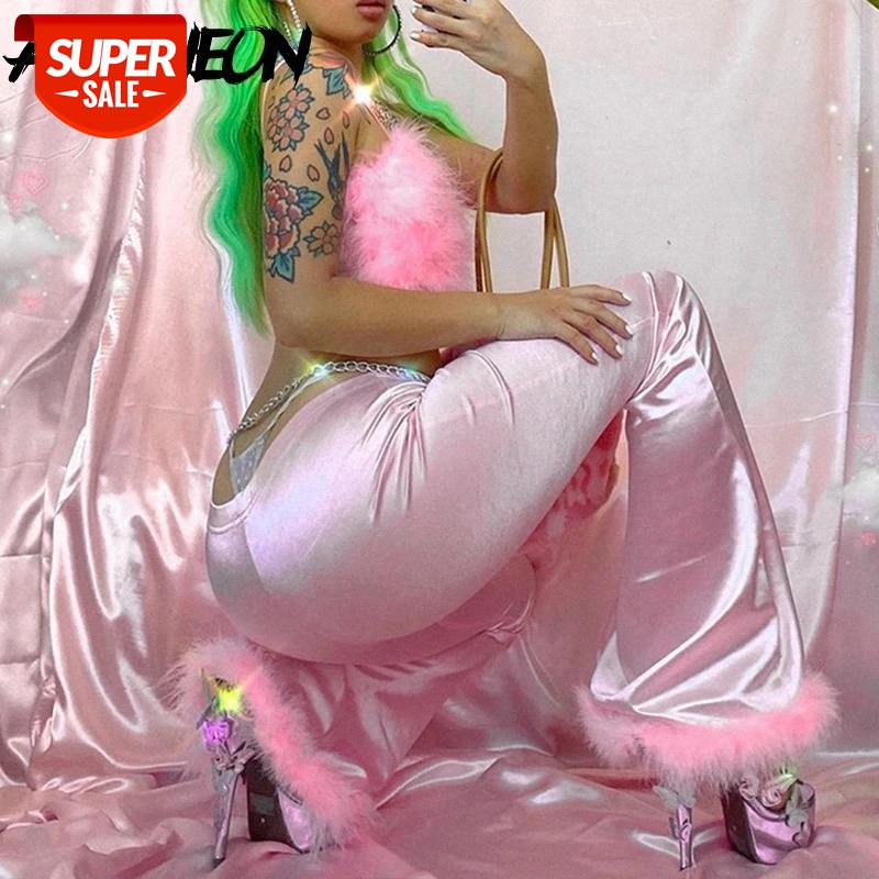 

ALLNeon E-girl Sweet Hot Pink Slim High Waist Pants with Feather Vintage Autumn Rave Festival Party Flare Pant Y2K Trousers 2020 #nc52, Black;white