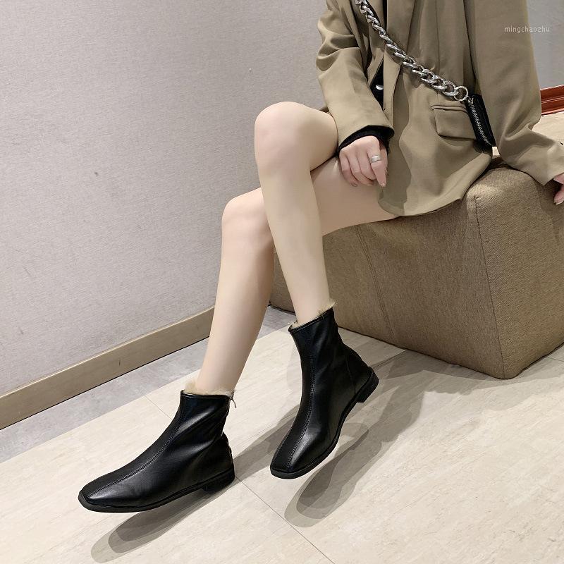 

Boots Girl Winter Square Head Heel Short Thin Boots Ins Short Lady Shoes -401, Black and white with pattern