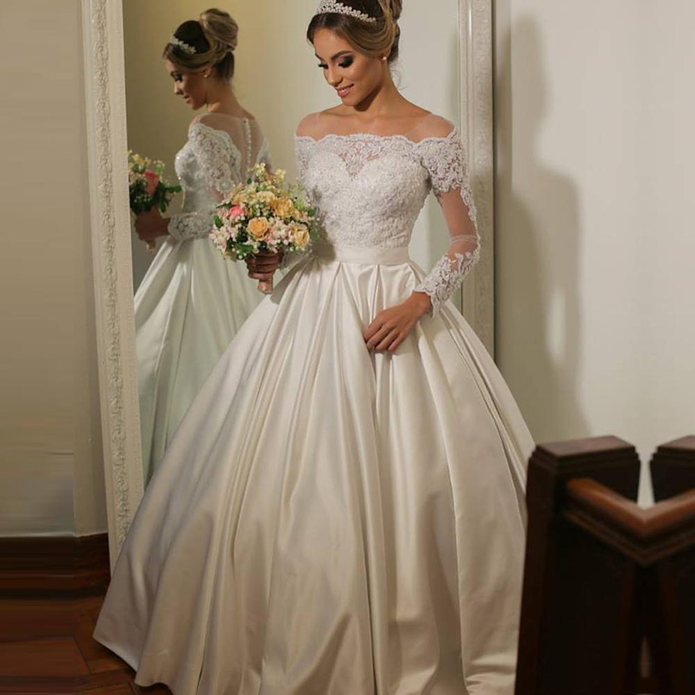 

Custom Made Long Sleeves Lace Wedding Dresses 2021 with Beaded Appliques Sweep Train Satin Off Shoulder Wedding Bridal Gowns, White