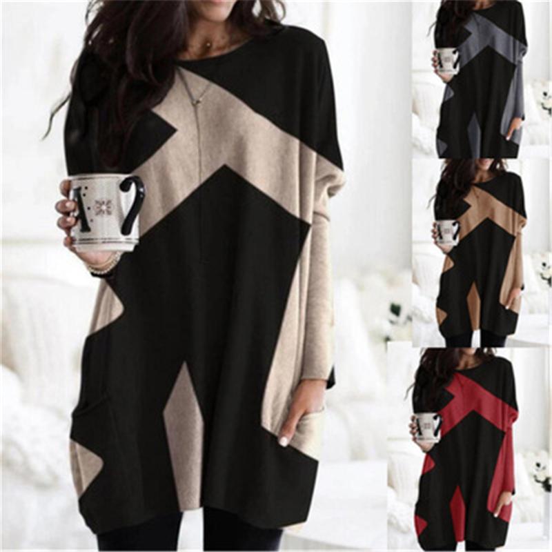 

Womens Splicing V-neck T-shirt Fashion Trend Long Sleeve Long Tops Tees Clothing Designer Female Spring New with Pocket Casual Loose Tshirts, Brown