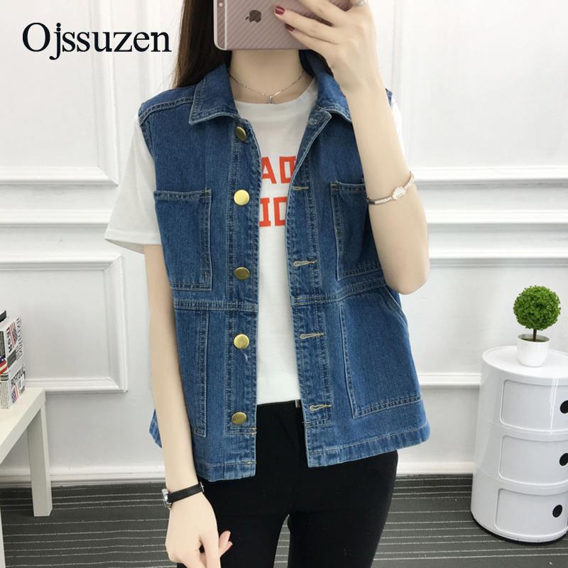

Spring Autumn Jacket Sleeveless Female 5XL Plus Size Denim Vests For Women' Dark Blue Woman Waistcoat Coletes Feminina