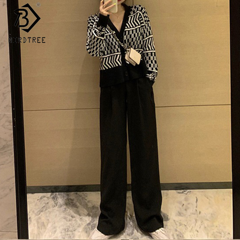 Chic Korean Style Women Knitting Suits Autumn Winter Two Pieces Set V-Neck Tops+Elastic Wide Leg Long Pants S08211K 201119Z