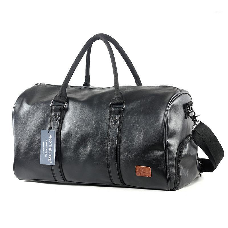 

Men's travel bag large capacity shoulder bag casual travel luggage solid color pu handbag1, Black