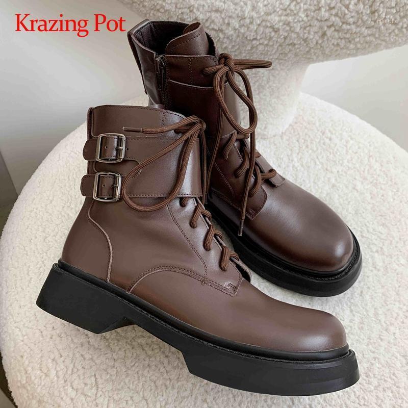 

Krazing pot motorcycle boots genuine leather buckle decorations handsome round toe thick med heel zipper maiden ankle boots L091, Beige