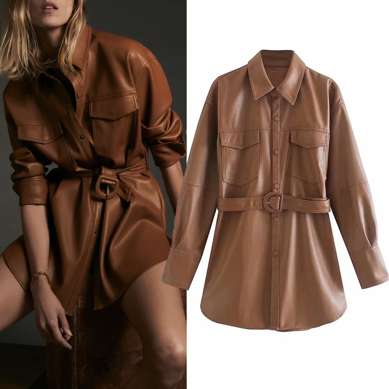 

2021 New Vintage with Belt Faux Leather Shirt Women Patch Pocket Long Sleeve Collared Button Up Shirts Ladies Streetwear Top F38d, Brandy