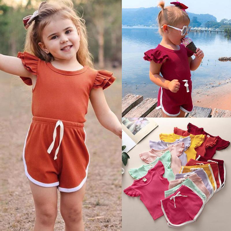 

newborn set 2020 summer clothes for baby girl Ruffles Sleeve Solid Print Tops+Shorts Outfits Set vestiti bambina estivi t51, As photo