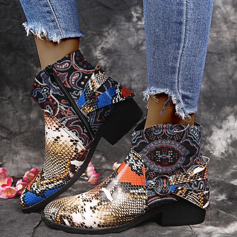 

2020 Vintage Snake Print Ankle Boots Women Shoes Female Low Heels Buckle Platform Short Western Boots Winter New Buty Damskie, Yellow snake pattern