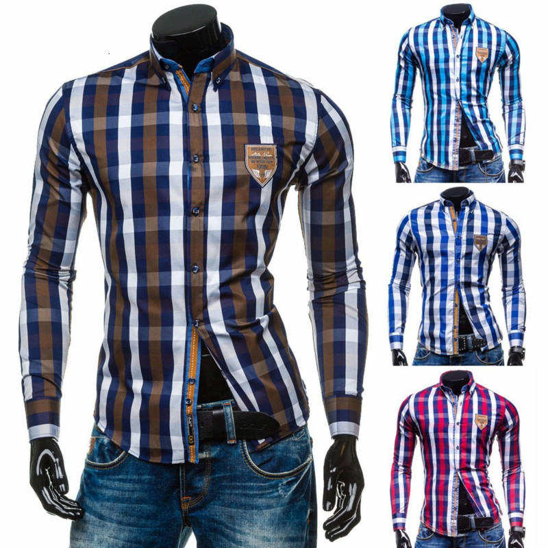 

2021 Spring New Fashion Cotton Small Plaid Men's Shirt Casual Social Business Mens Shirts High Quality Long-sleeved Men Formal 6qkn, Brown