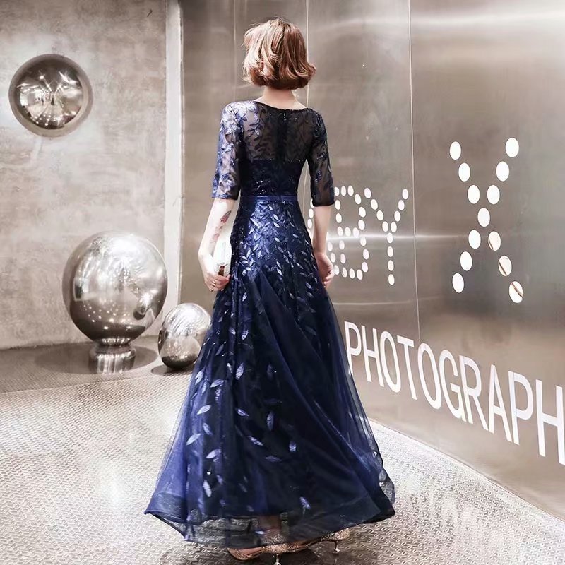 

2021 New Style Neck Dressed Mid Sleeves Lace Applications Tulle Party Clothes 1087th Corrections QG70 evening, Navy blue.