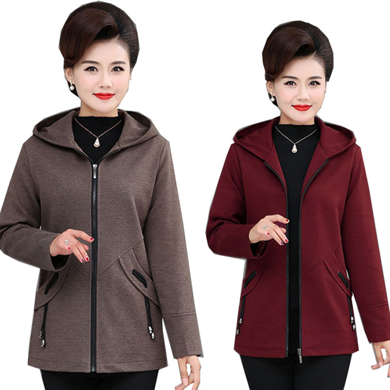 

2021 New Middle-aged and elderly female New spring with hood jacket plus size 4xl Autumn jackets outerwear dressed as mother, Khaki.