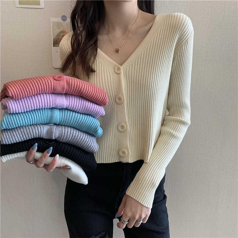 

7 Colors Women Knitted Cropped Cardigan Sweaters Female Short Coat V Neck Single Breasted Knitwear 2020Spring Autumn Solid Shawl, Blue (35kg-60kg)