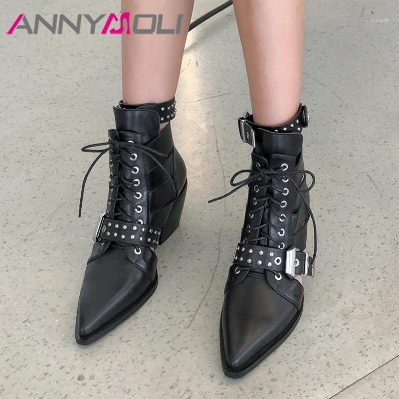 

ANNYMOLI Rivet Real Leather High Heel Cutouts Short Boots Women Shoes Pointed Toe Thick Heels Buckle Lace Up Ankle Boots Autumn1, Black