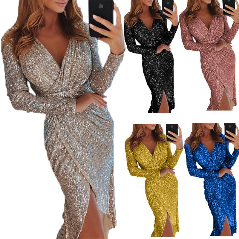 

Women Clothes Bodycon Dress New Ladies Bronzing Long-sleeved V-neck Bright Sparkling Dresses Dinner Sexy Dress WL31, Black