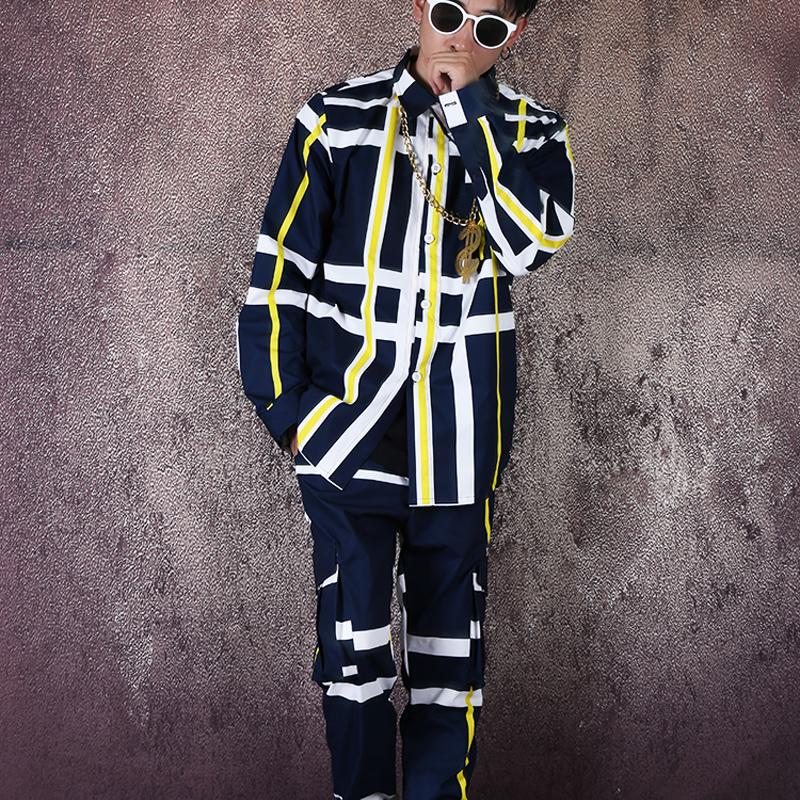 

M-6XL!!Striped shirt suit overalls suit big name print shirt hipster hairstylist shirt, Shirt and pant