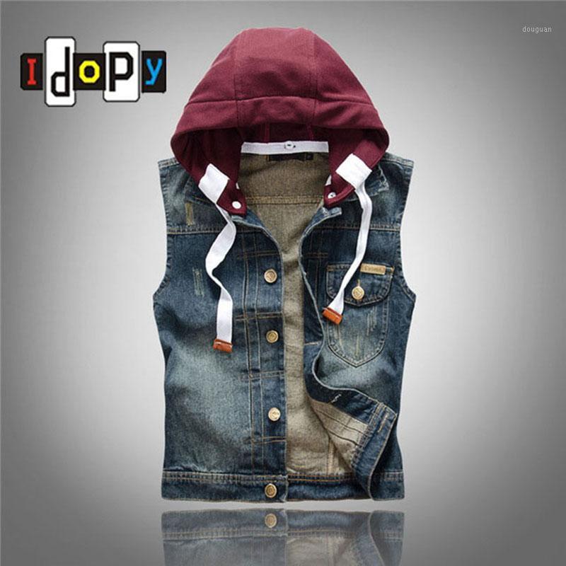 

Men's Vests Wholesale- Summer Men`s Jeans Vest With Detachable Hood Slim Fit Washed Vintage Dark Blue Denim Sleeveless Jacket For Men1