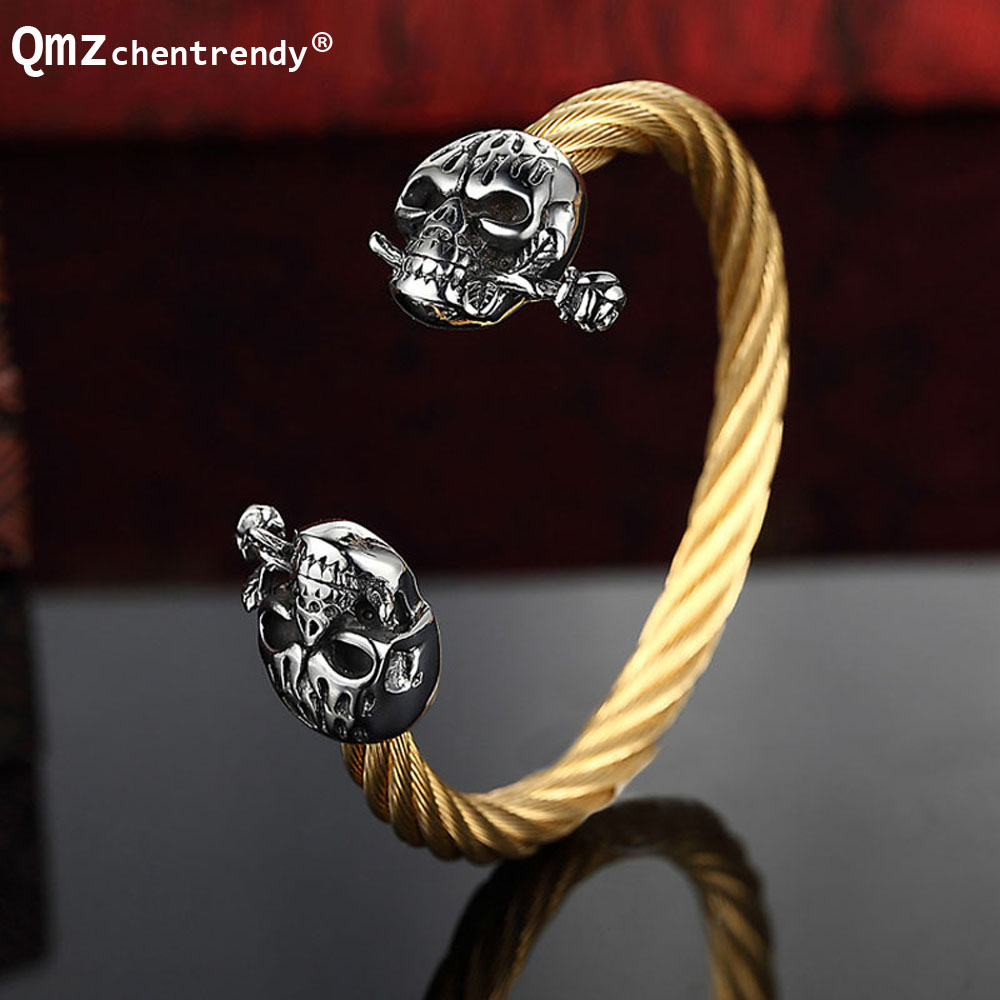 

New Rapper Classic Stainles Steel Wire Woven Skeleton Skull Men Rose Bangle Bracelet Antique Jewelry For Men pulseras Hombre