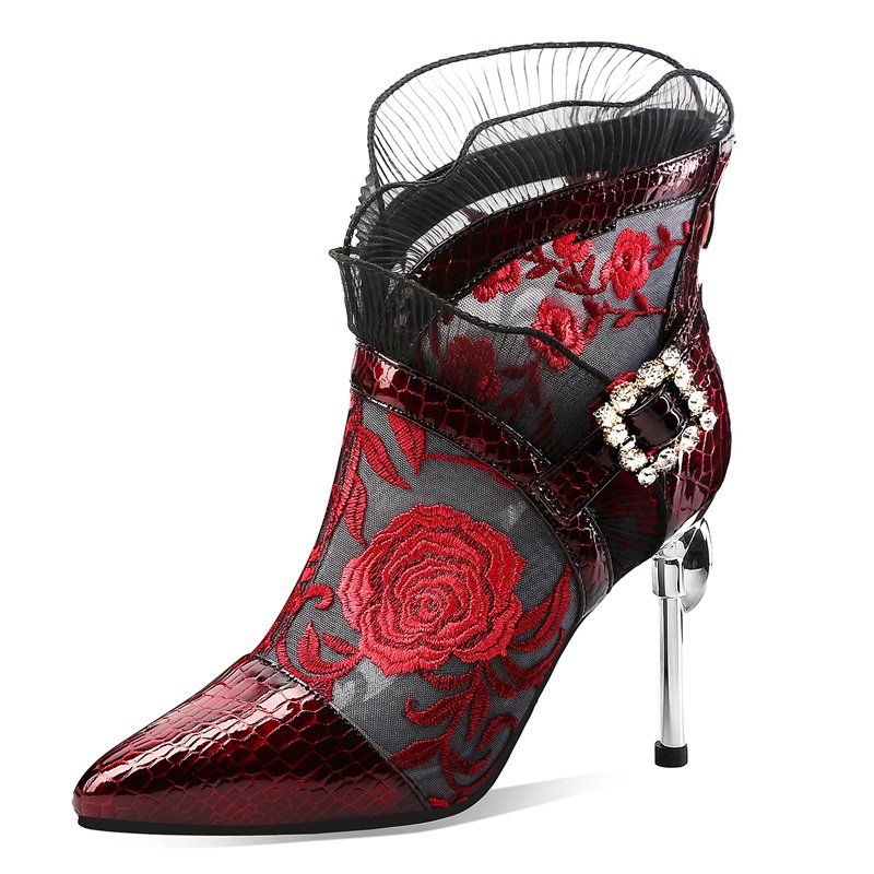 

2021 New Female Fashion Ankle Boots Spring Sexy High Heels to Toe with As Party Shoes P569, Black embroidery