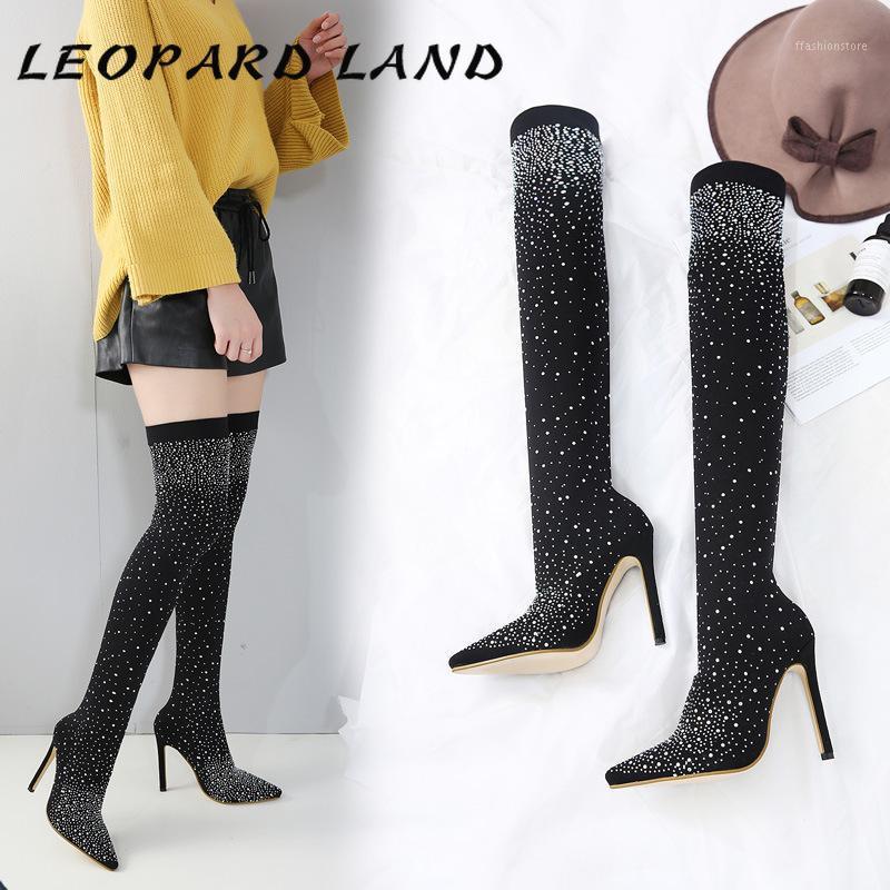 

LEOPARD LAND 2020 Women Sexy Fashion Knee High Sock Boots Nightclub High Heels Sharp Head Drill Heel Boots Shiny 35-43 WBL1, Black