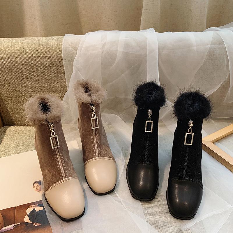 

Women's shoes boots fur mouth female models short boots plus velvet front zipperEuropeanandAmericanfashionbootsthigh high, Black