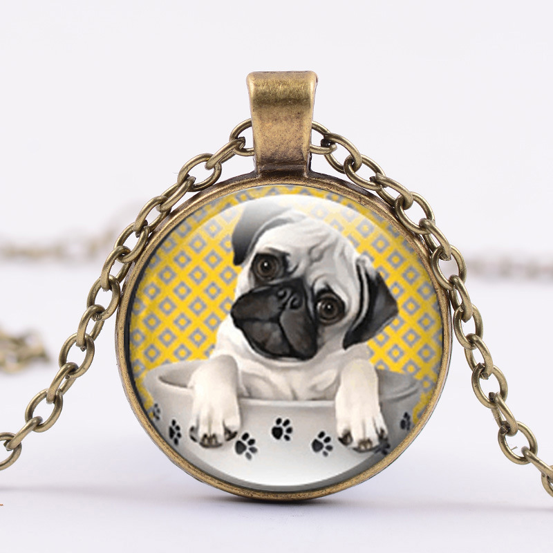 

Cute Pug Dog Animal Necklace 4 Colors Long Chain Handmade Glass Cabochon Pendant Fashion Pet Photo Jewelry for Dog Lovers