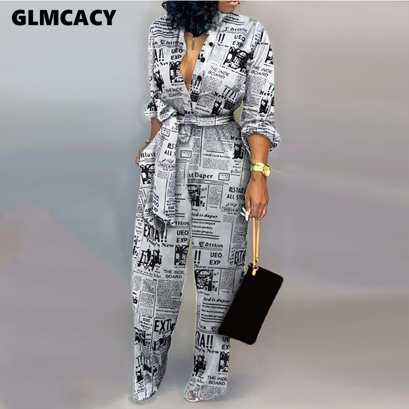

Women Jumpsuit Sexy Ladies Jumpsuits Party Long Pants Long Sleeve Jumpsuit Skinny Newspaper Print Outfits T200624, Gray