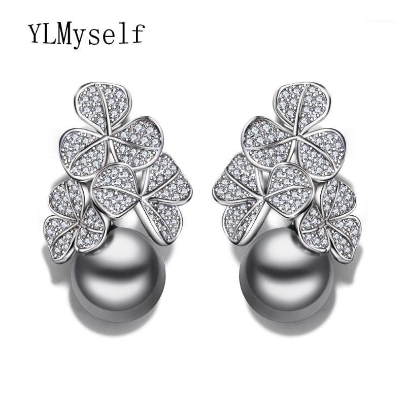 

New year gift Fashion flower drop earring statement jewelry pendientes aros with clear crystal and simulated gray pearl earings1