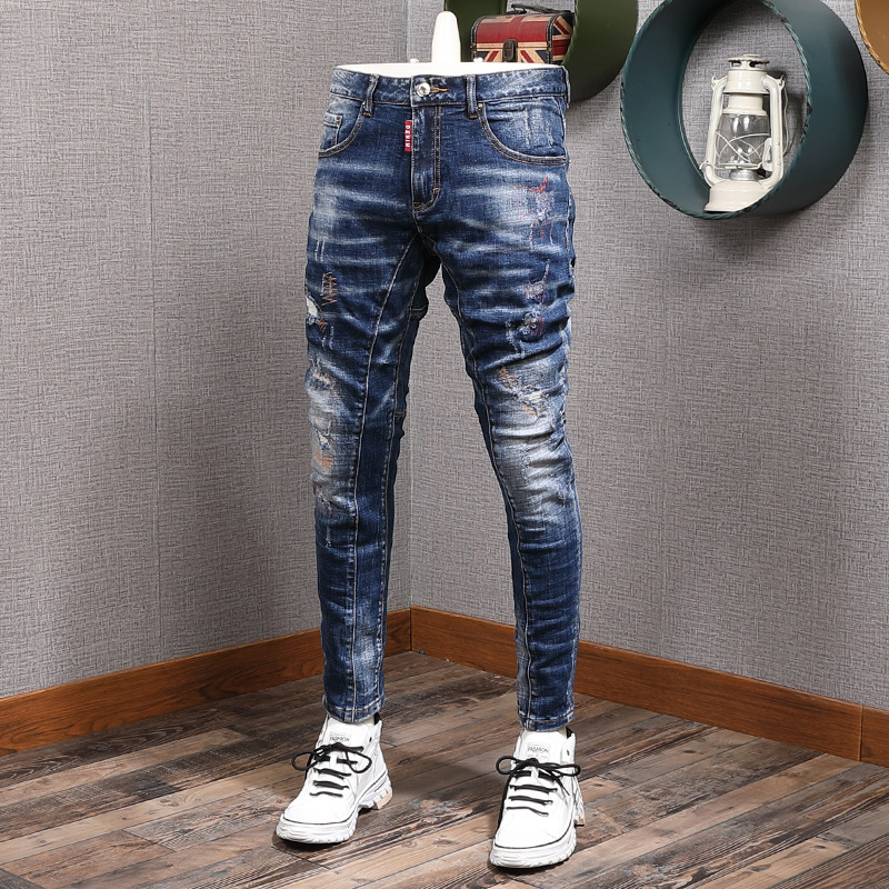 

2021 New Fashion Streetwear Men Retro Blue Elastic Slim Fit Ripped Jeans Spliced Designer Biker Pants Italian Vintage Trousers Male 1e7y