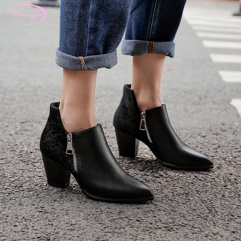 

Motorcycle boots nightclub style sexy pointed toe ankle boots woman fashion zipper grid black high heels thick women's shoes1, Black horse hair